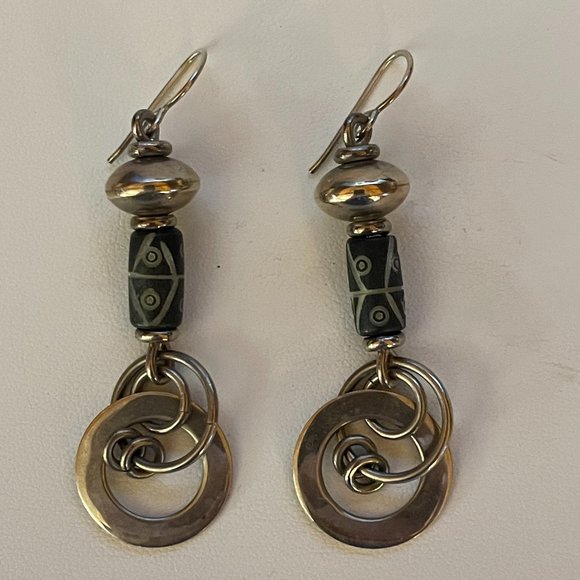 Silver Tone Earrings with grey and black stone insert - Picture 2 of 2